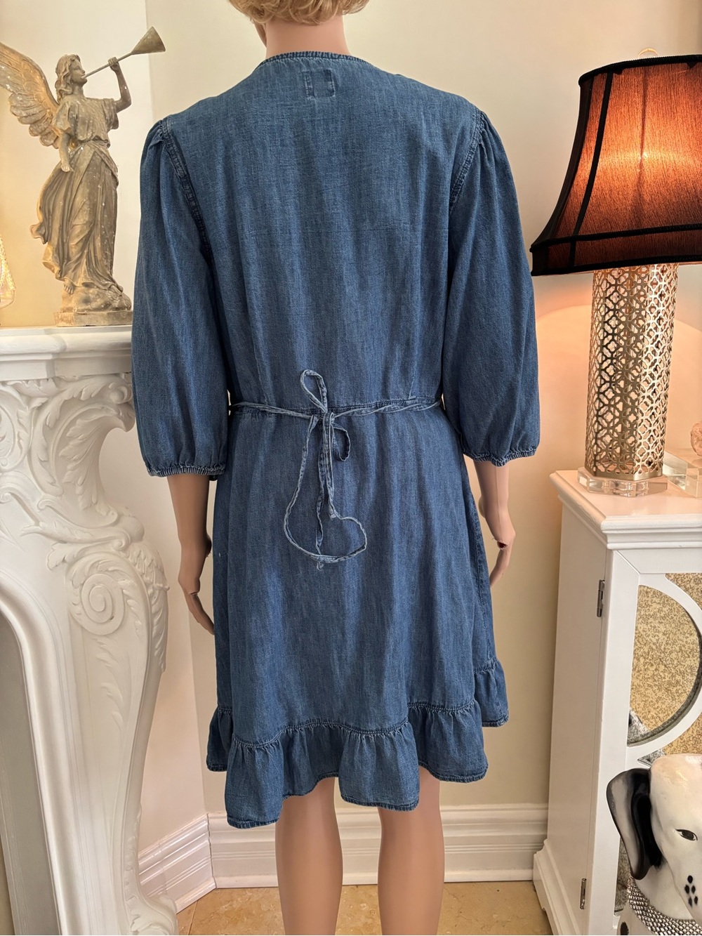 Denim Blue Wrap Ruffle Mini Dress with Puff Sleeves - Picture 10 of 14